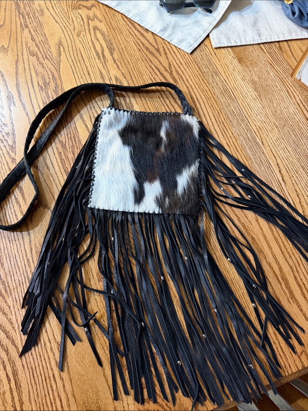 Custom- Fringed Cowhide Crossbody Bag in Black and White